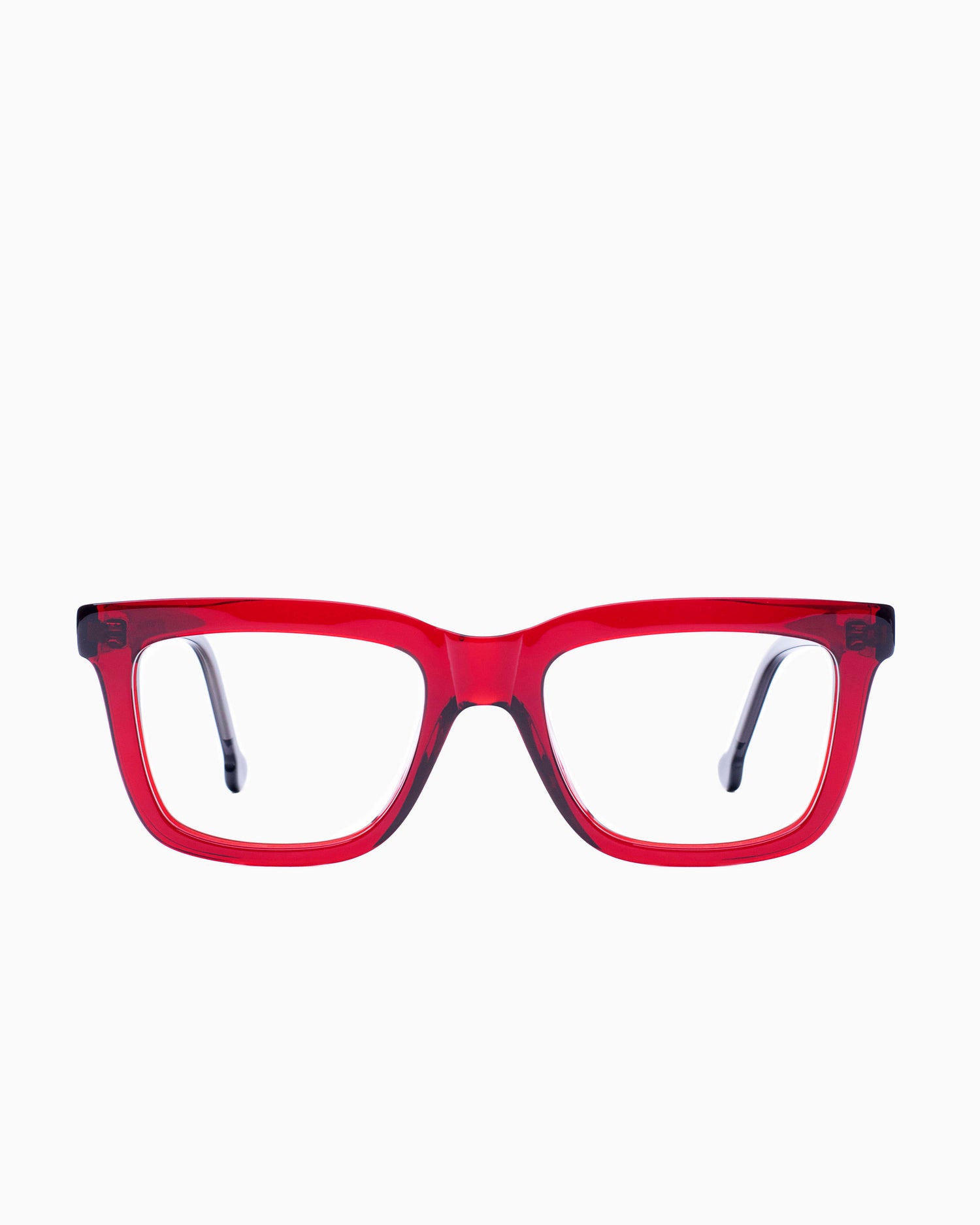 red plastic rectangle eyeglasses by Marie-Sophie Dion model Laflamme, front view, lunettes de vue rectangle couleur bourgogne