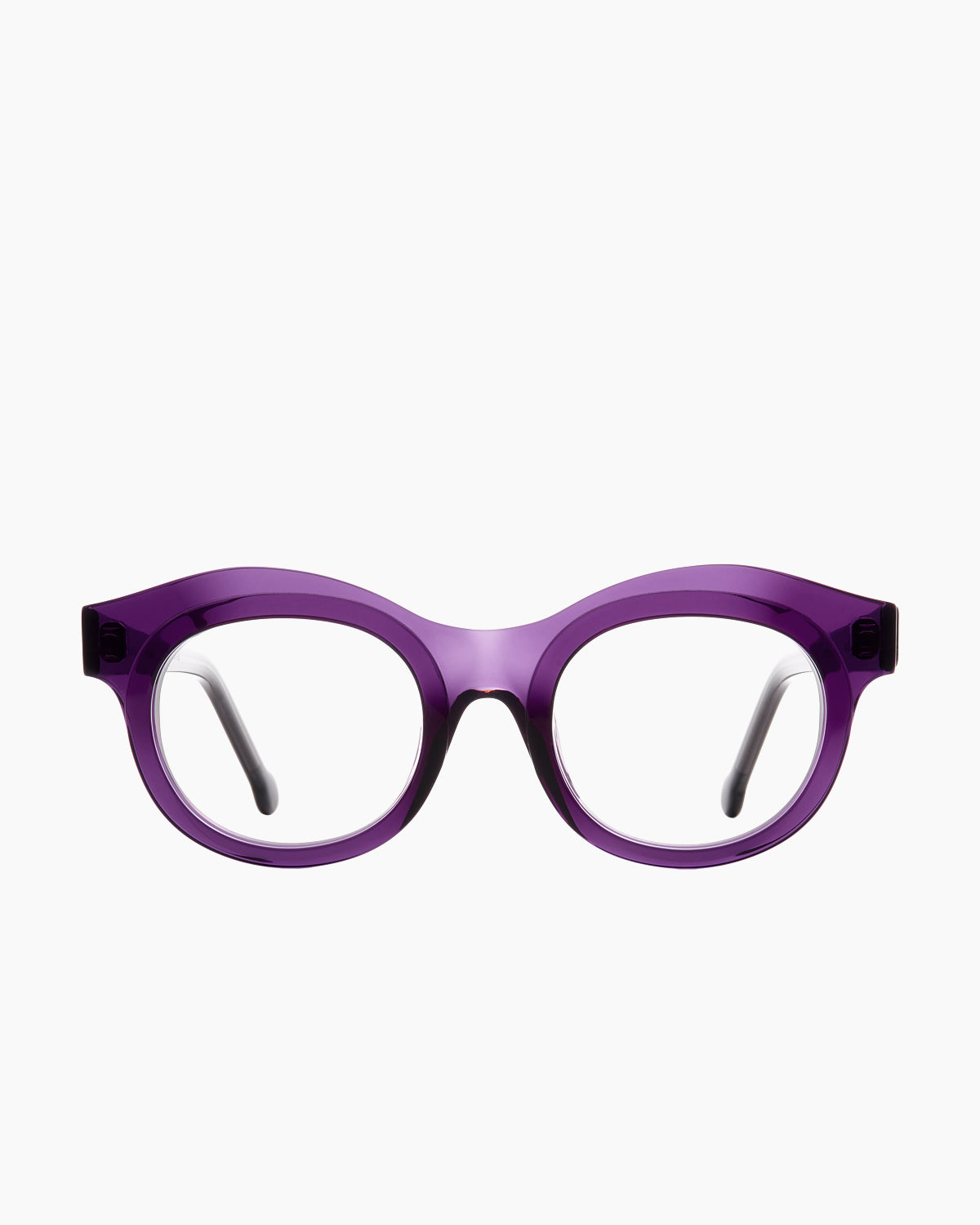 purple plastic round eyeglasses by Marie-Sophie Dion model Bibaud, front view, lunettes de vue rond couleur violet