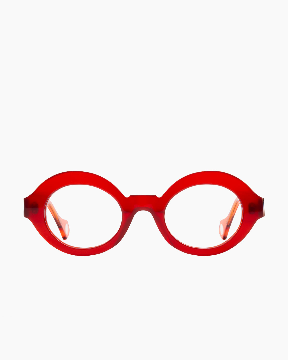 red plastic oval eyeglasses by Anne et Valentin model Boca, front view, lunettes de vue ovale couleur rouge