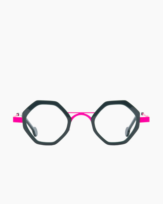 green metal octogon eyeglasses by Anne et Valentin model fadiez, front view, lunettes de vue octogone couleur vert
