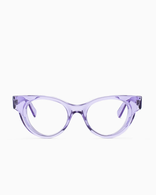 purple plastic cat eyeglasses by Kirk&Kirk model Marilyn, front view, lunettes de vue chat couleur violet