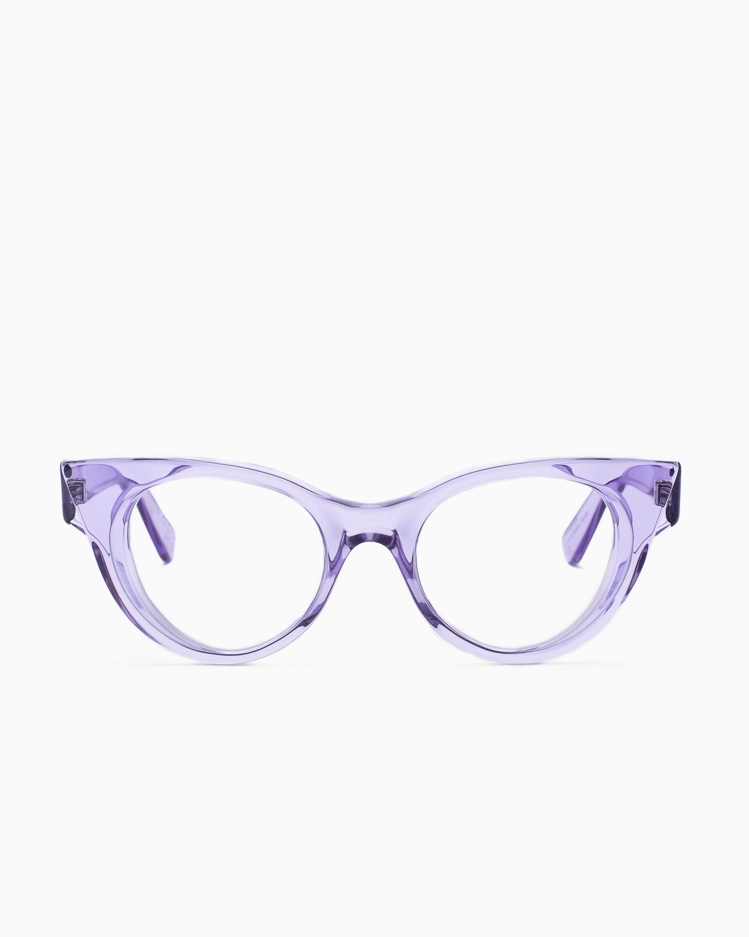 purple plastic cat eyeglasses by Kirk&Kirk model Marilyn, front view, lunettes de vue chat couleur violet