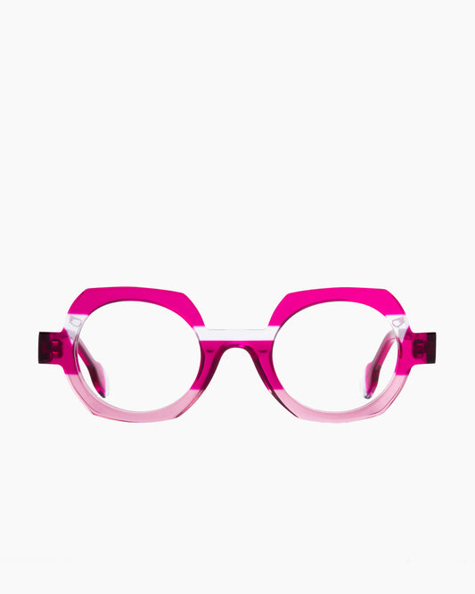 pink plastic round eyeglasses by anne et Valentin model Hehe, front view, lunettes de vue rond couleur rose