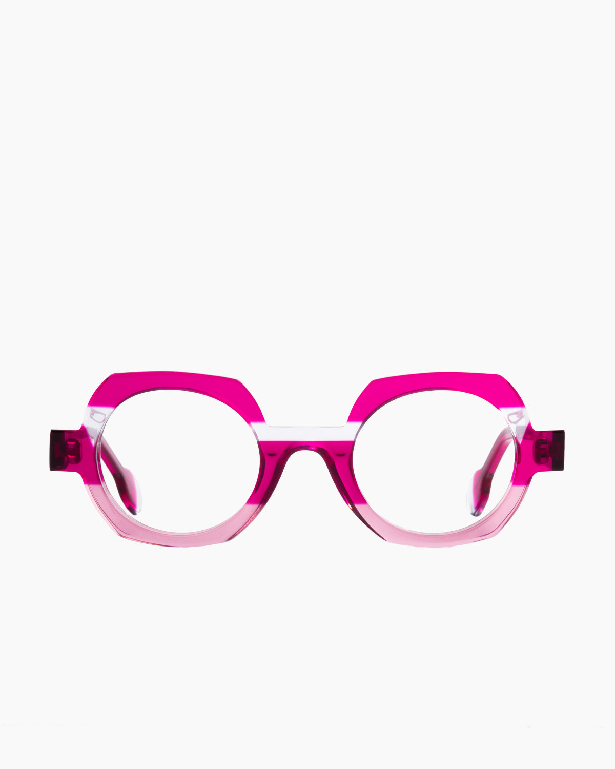 pink plastic round eyeglasses by anne et Valentin model Hehe, front view, lunettes de vue rond couleur rose