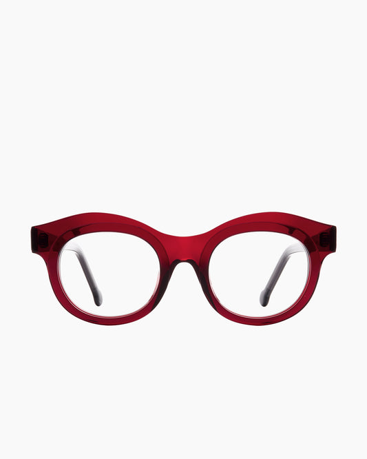 burgundy plastic round eyeglasses by Marie-Sophie Dion model Bibaud, front view, lunettes de vue rond couleur bourgogne