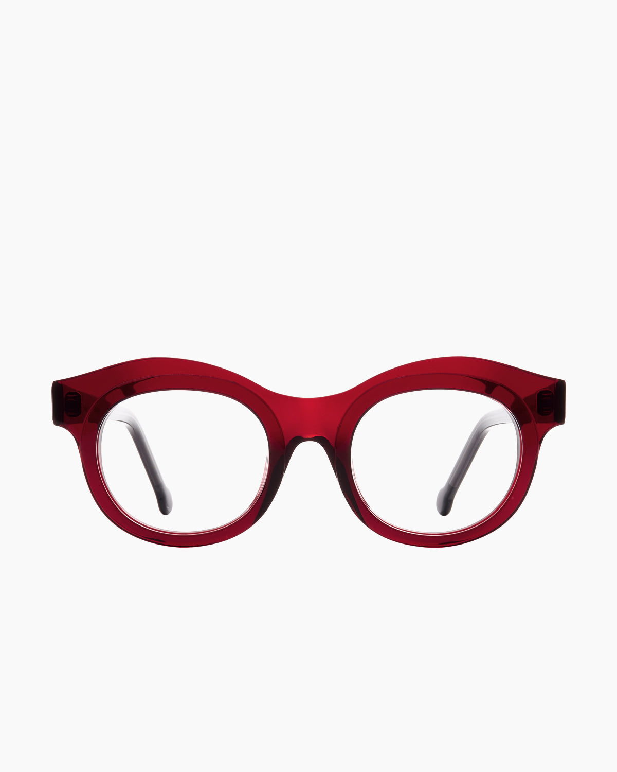 burgundy plastic round eyeglasses by Marie-Sophie Dion model Bibaud, front view, lunettes de vue rond couleur bourgogne