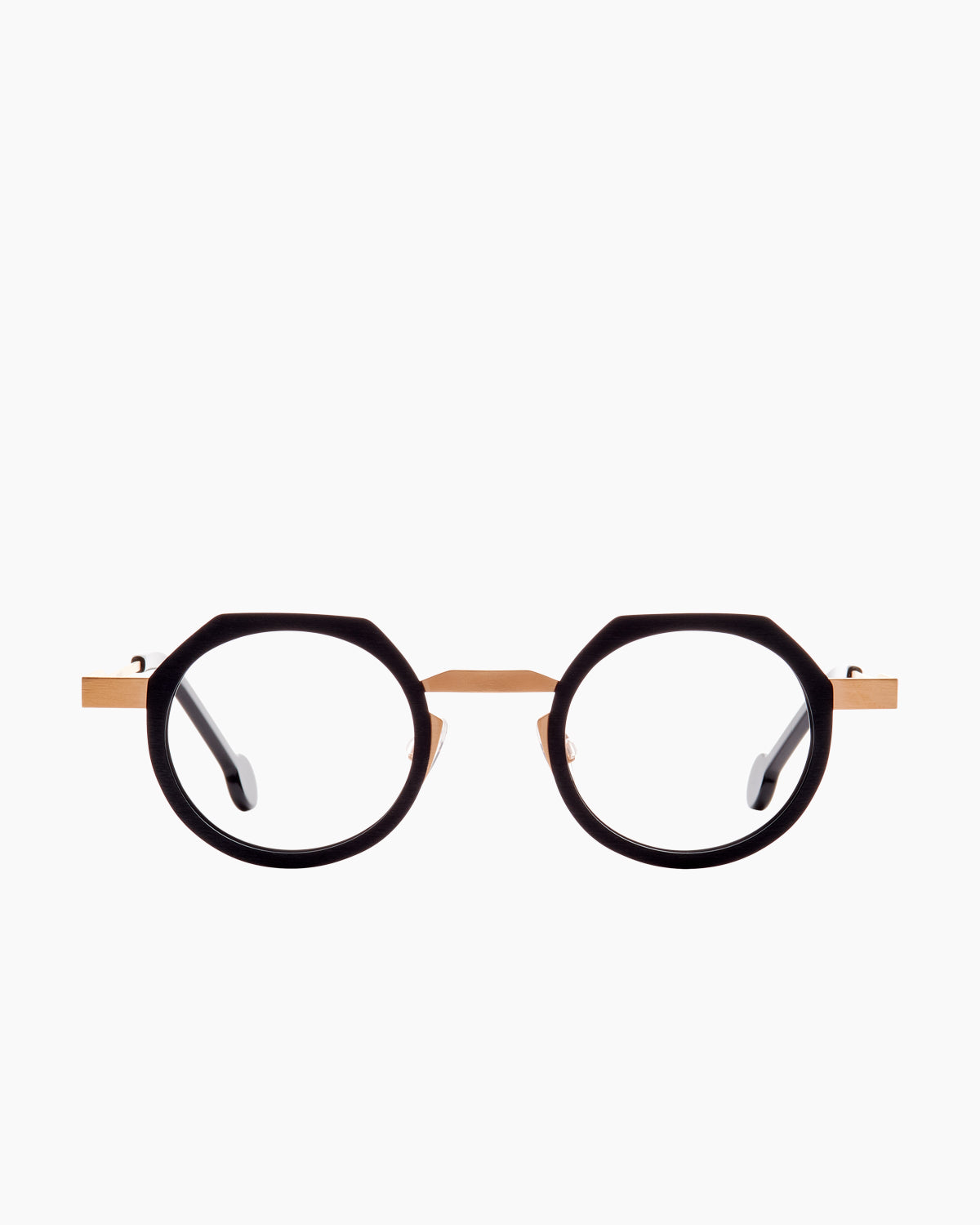 gold metal round eyeglasses by Anne et Valentin model frehel, front view, lunettes de vue rond couleur or