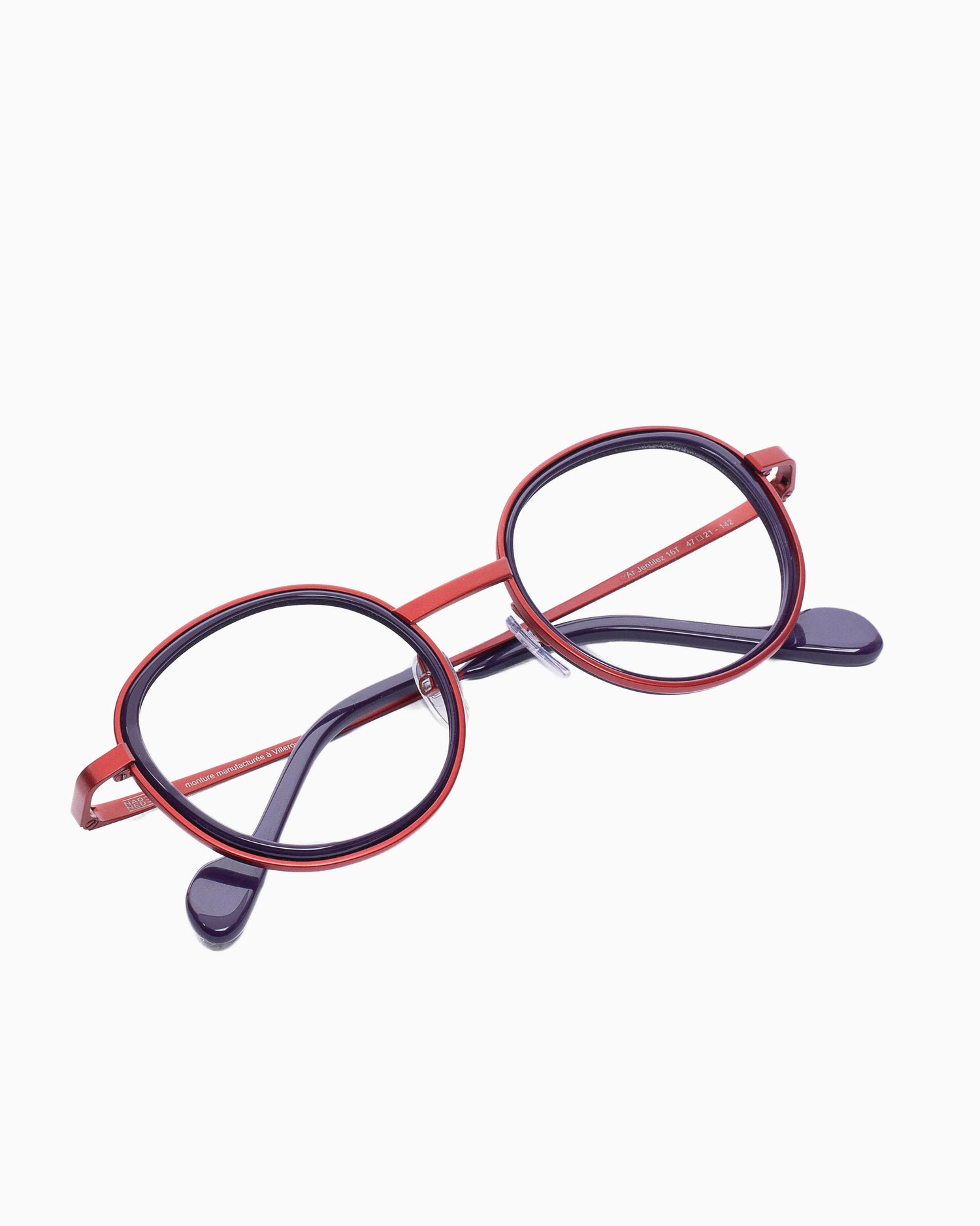 purple metal round eyeglasses by Nao Ned model ArJentilez, front view, lunettes de vue rond couleur violet