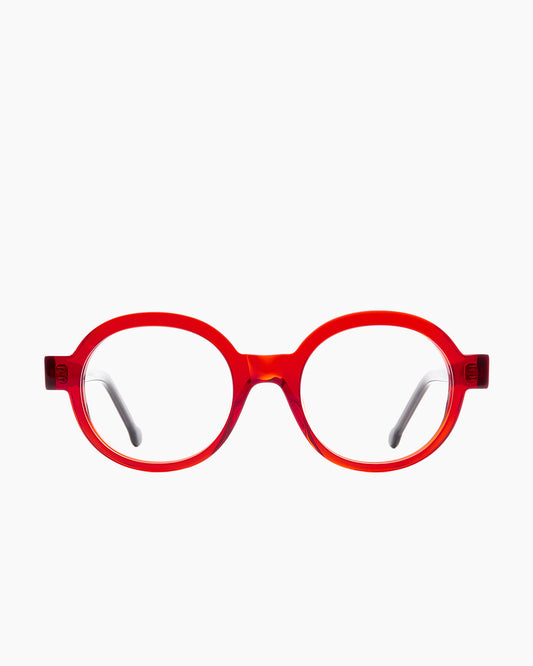 red plastic round eyeglasses by Marie-Sophie Dion model Preston, front view, lunettes de vue rond couleur rouge