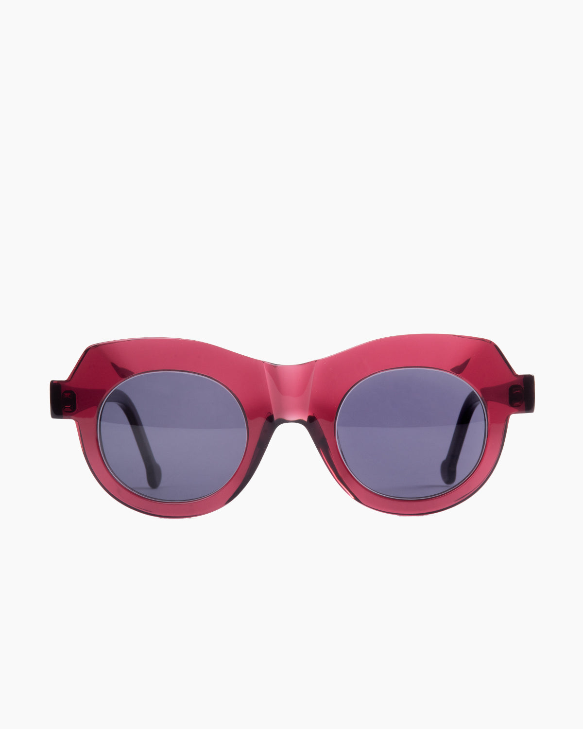 purple plastic round  sunglassesby Marie-Sophie Dion model Latraverse3, front view, lunettes de vue rond couleur violet
