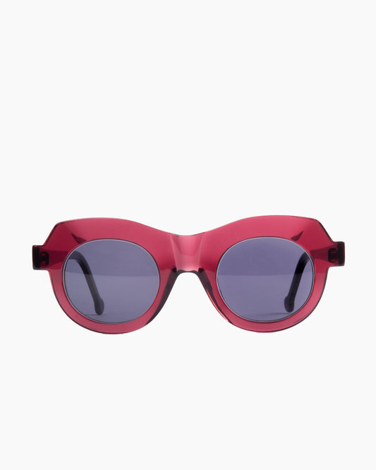 purple plastic round sunglassesby Marie-Sophie Dion model Latraverse3, front view, lunettes de vue rond couleur violet
