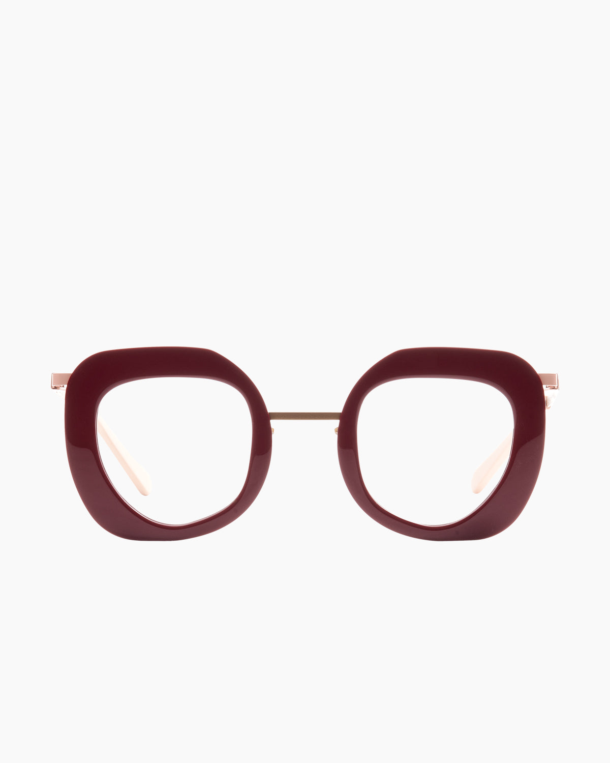 burgundy metal butterfly eyeglasses by Gamine model Agay sodermalm, front view, lunettes de vue papillon couleur bourgogne