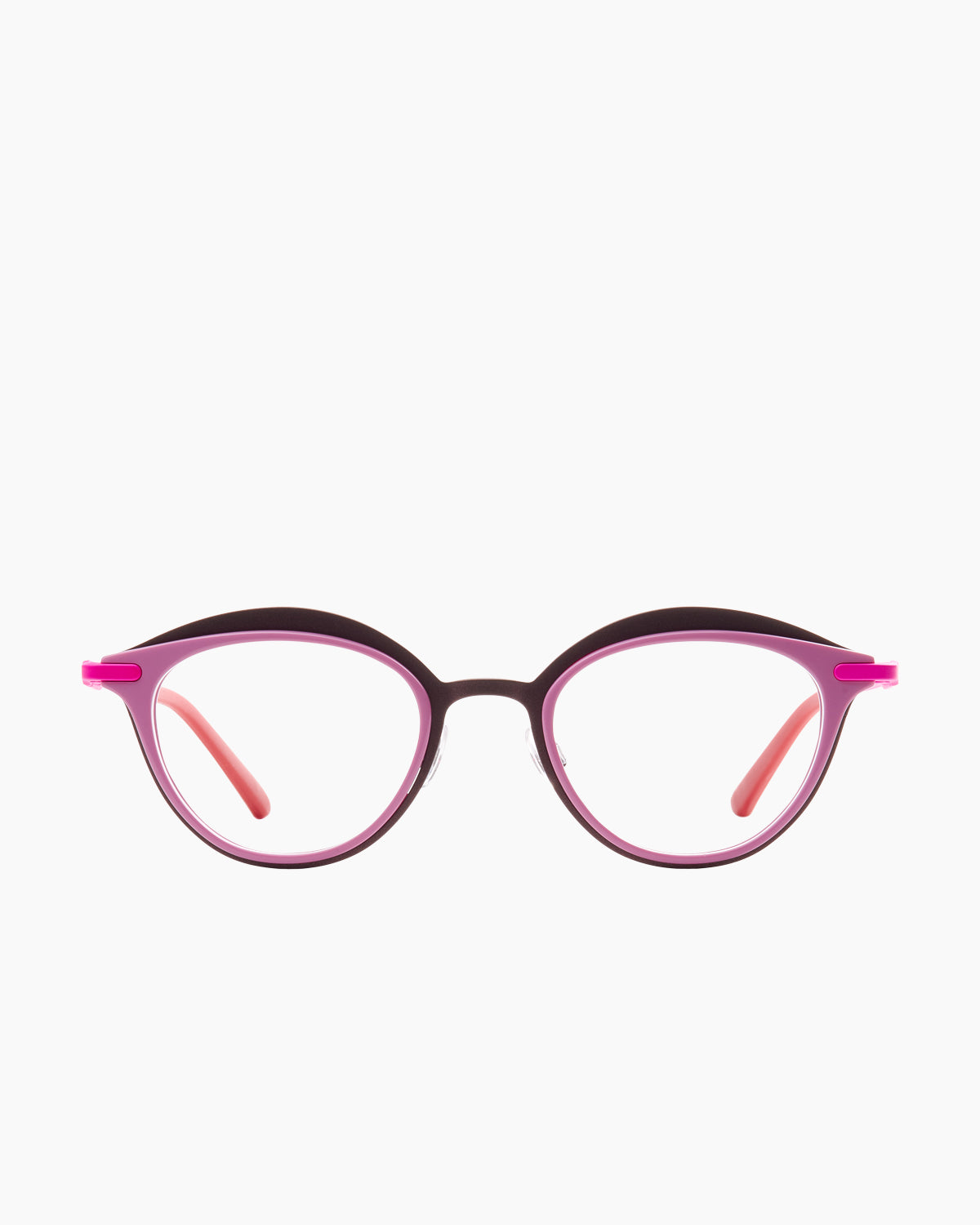 pink metal cat eyeglasses by Bevel model Dreezy, front view, lunettes de vue chat couleur rose