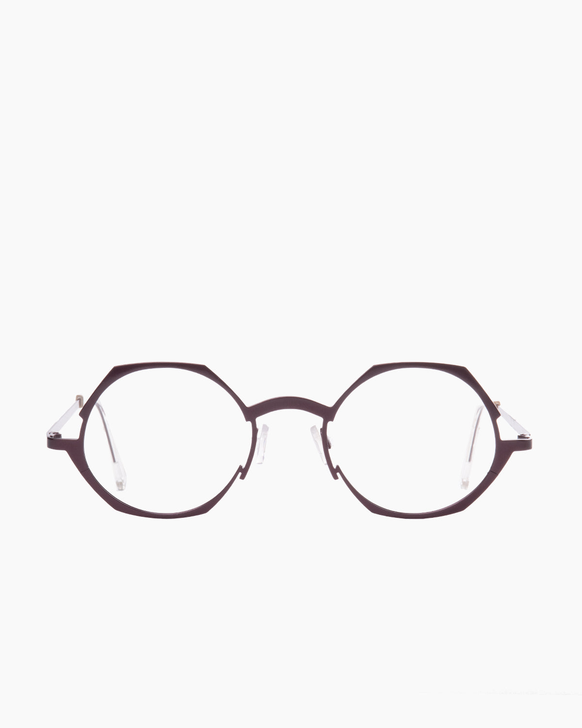 red metal round eyeglasses by Theo model WAVE, front view, lunettes de vue rond couleur bourgogne