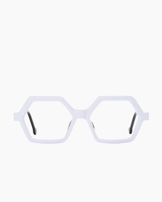 white plastic hexagon eyeglasses by Marie-Sophie Dion model salsa, front view, lunettes de vue hexagone couleur blanc