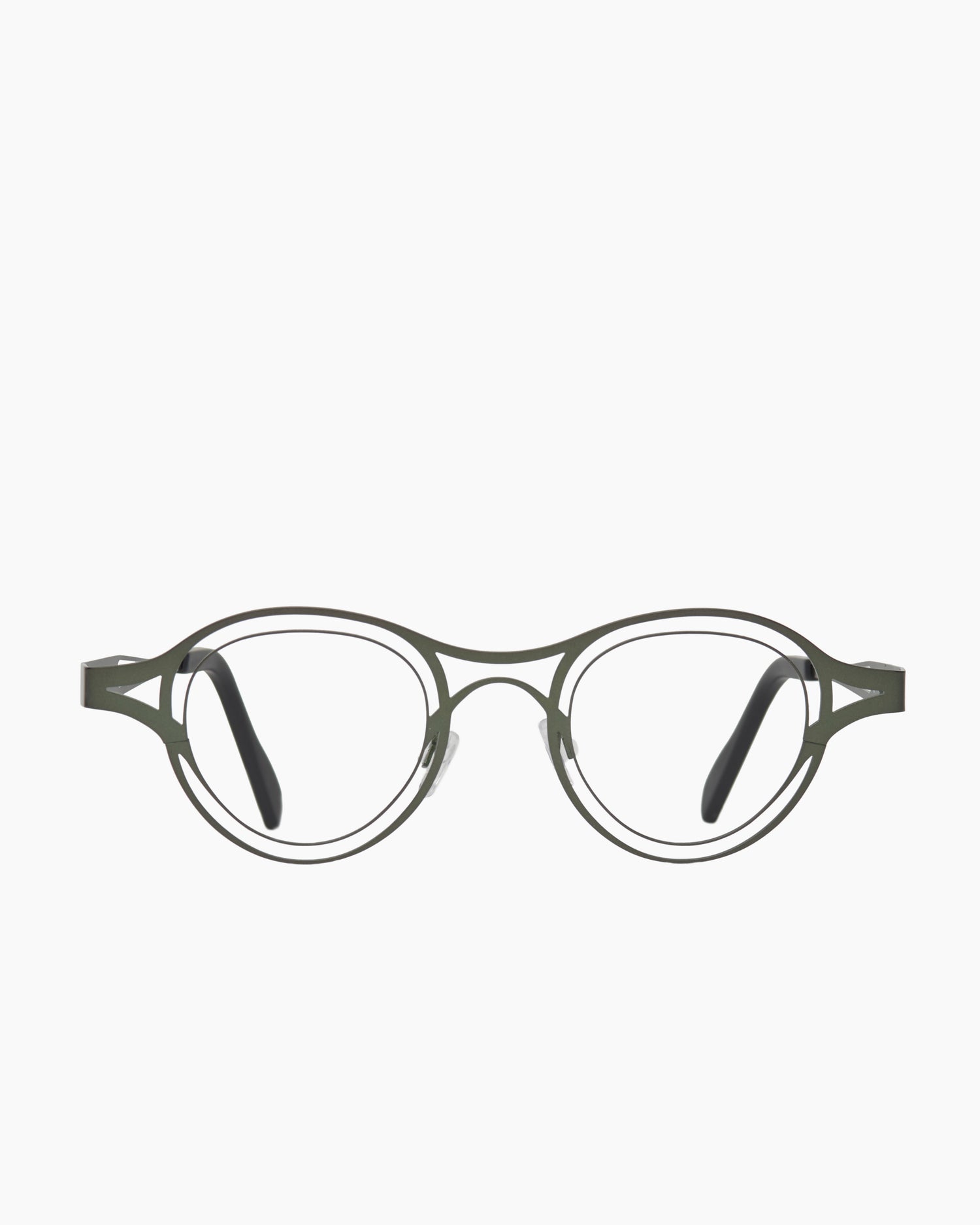green metal round eyeglasses by Theo model Tarifa, front view, lunettes de vue rond couleur Vert