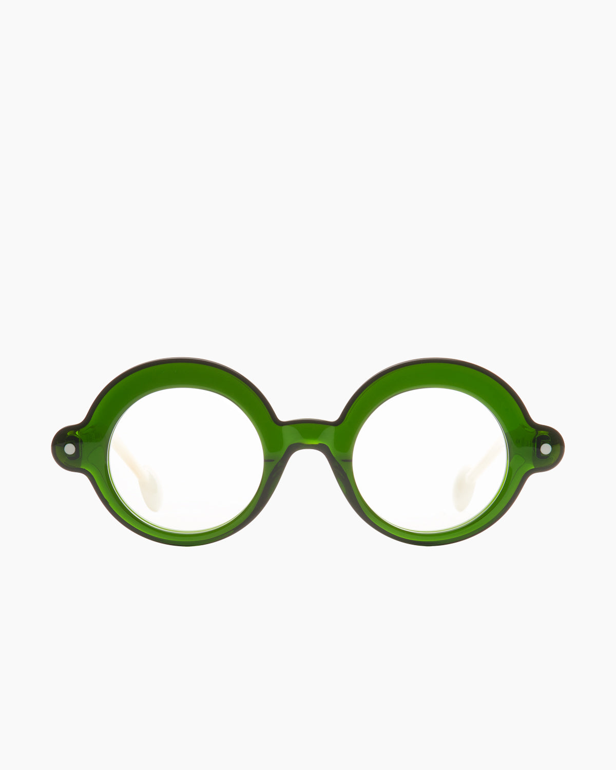 green plastic round eyeglasses by Anne et Valentin model Blup, front view, lunettes de vue rond couleur vert