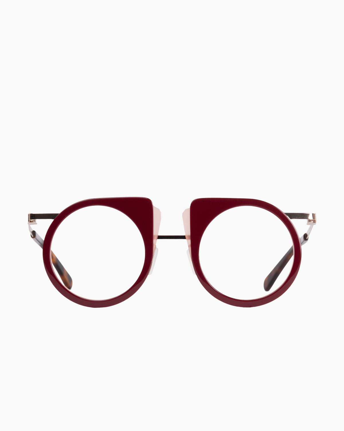 red metal round eyeglasses by Gamine model Flip, front view, lunettes de vue rond couleur bourgogne