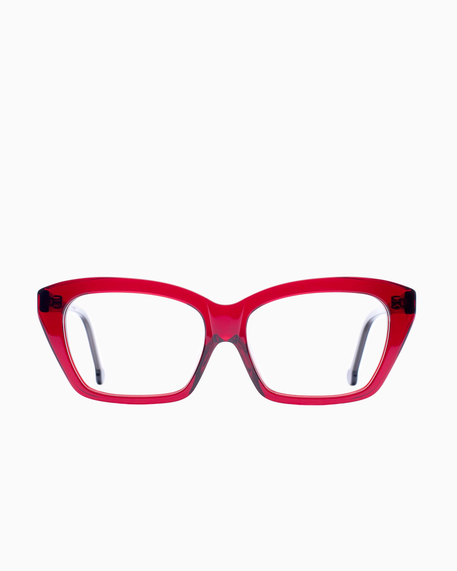 red plastic butterfly eyeglasses by Marie-Sophie Dion model Pageau, front view, lunettes de vue papillon couleur bourgogne