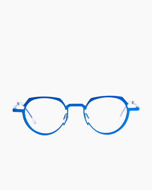 blue metal round eyeglasses by Theo model RECEIVER, front view, lunettes de vue rond couleur Bleu