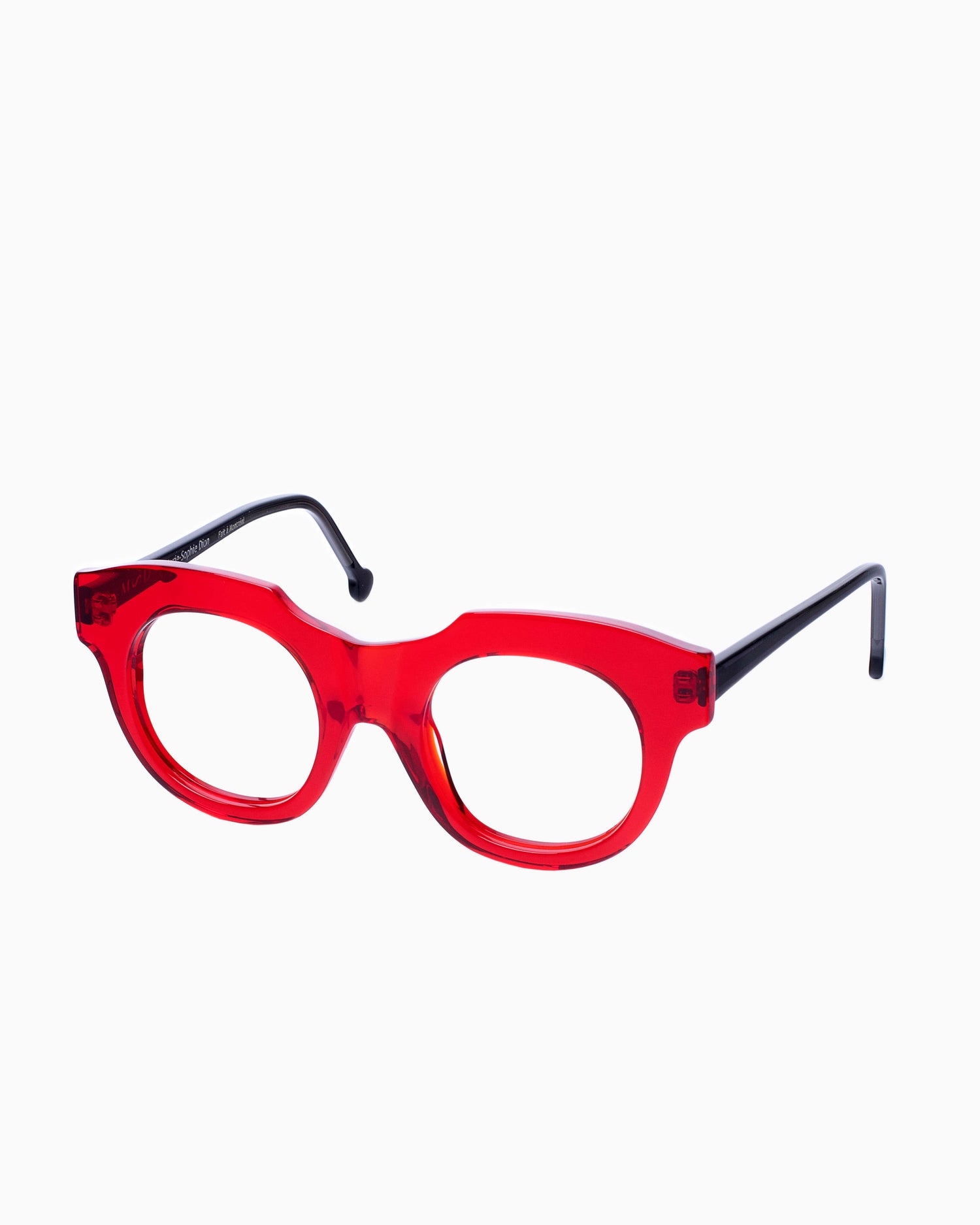 red plastic round eyeglasses by Marie-Sophie Dion model Genest, front view, lunettes de vue rond couleur Rouge
