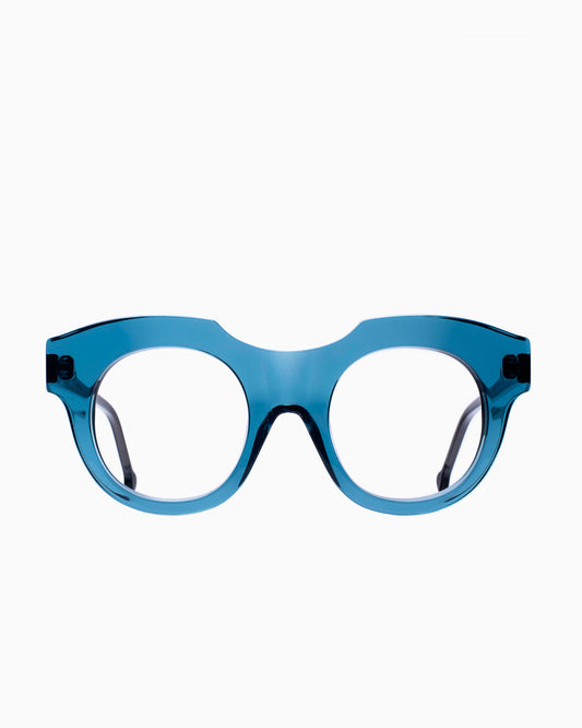 blue plastic round eyeglasses by Marie-Sophie Dion model Genest, front view, lunettes de vue rond couleur Bleu
