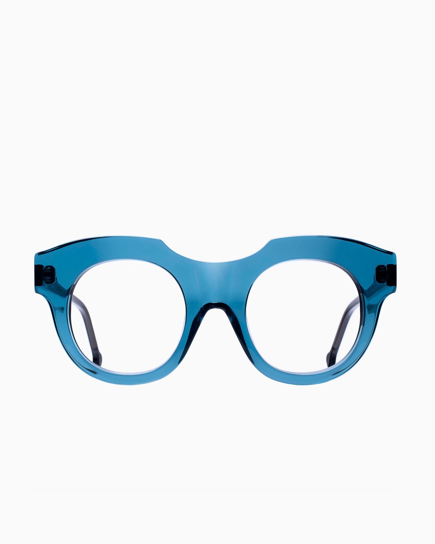 blue plastic round eyeglasses by Marie-Sophie Dion model Genest, front view, lunettes de vue rond couleur Bleu