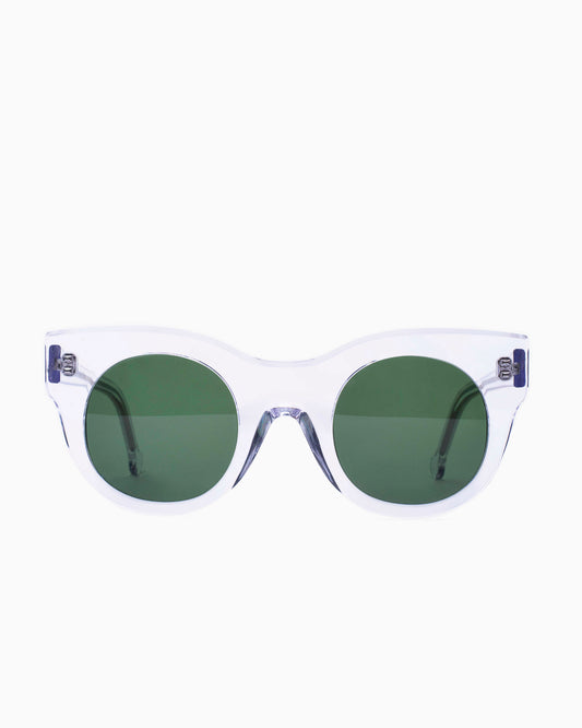 crystal plastic round sunglassesby Marie-Sophie Dion model BrixiSun, front view, lunettes de vue rond couleur cristal