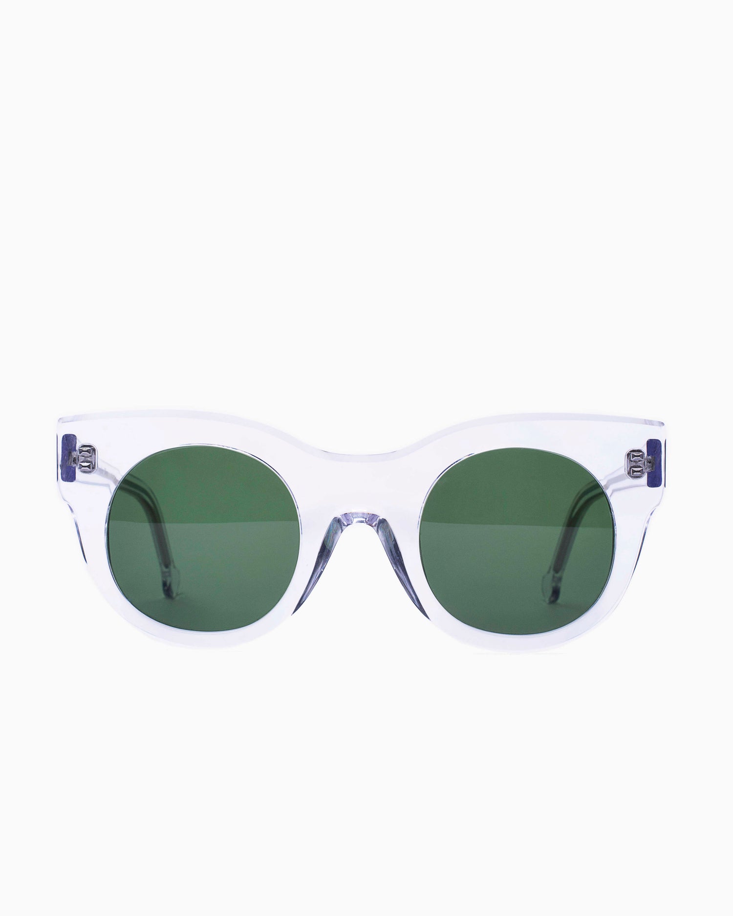 crystal plastic round  sunglassesby Marie-Sophie Dion model BrixiSun, front view, lunettes de vue rond couleur cristal