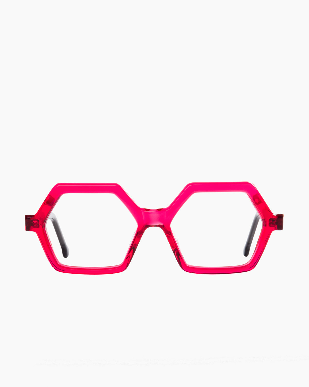pink plastic hexagon eyeglasses by Marie-Sophie Dion model salsa, front view, lunettes de vue hexagone couleur rose