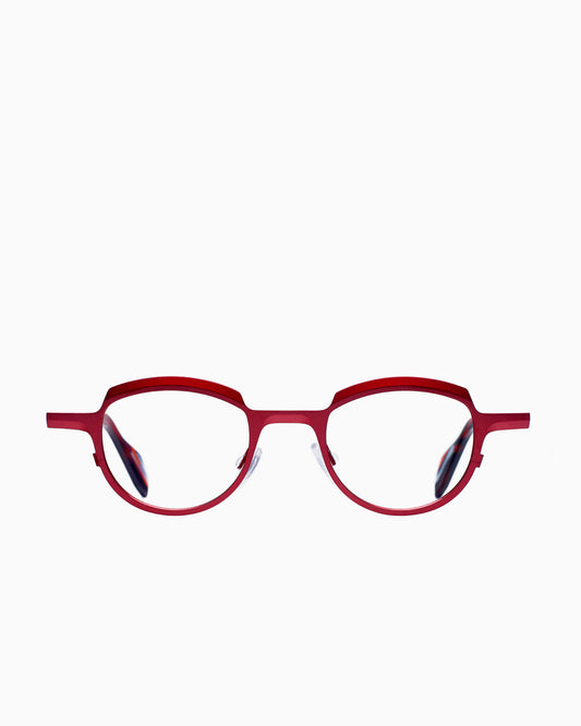 red metal round eyeglasses by Theo model asscher, front view, lunettes de vue rond couleur Rouge