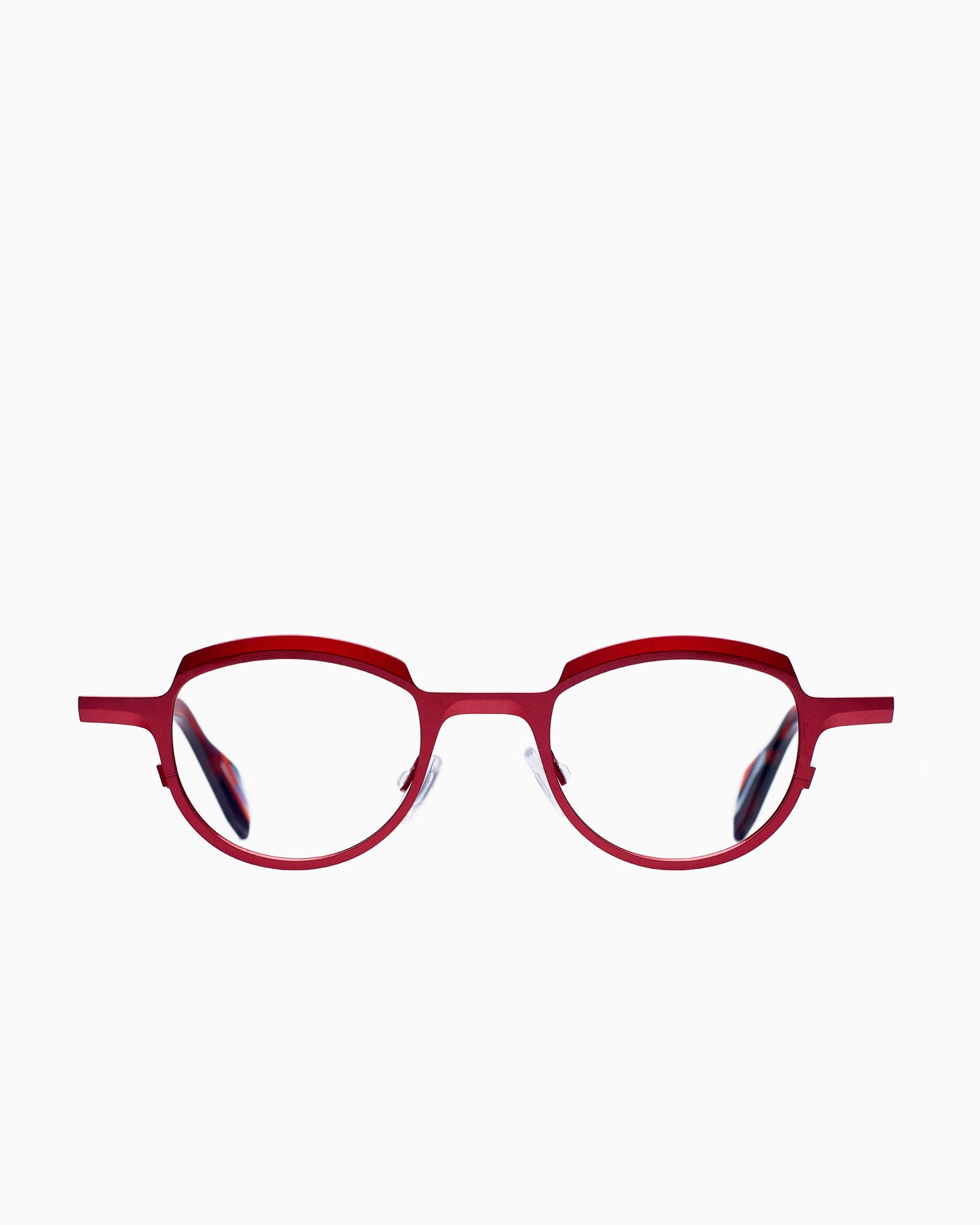red metal round eyeglasses by Theo model asscher, front view, lunettes de vue rond couleur Rouge