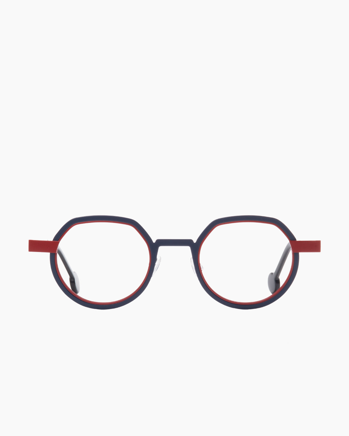 red metal round eyeglasses by Anne et Valentin model wellwell, front view, lunettes de vue rond couleur rouge