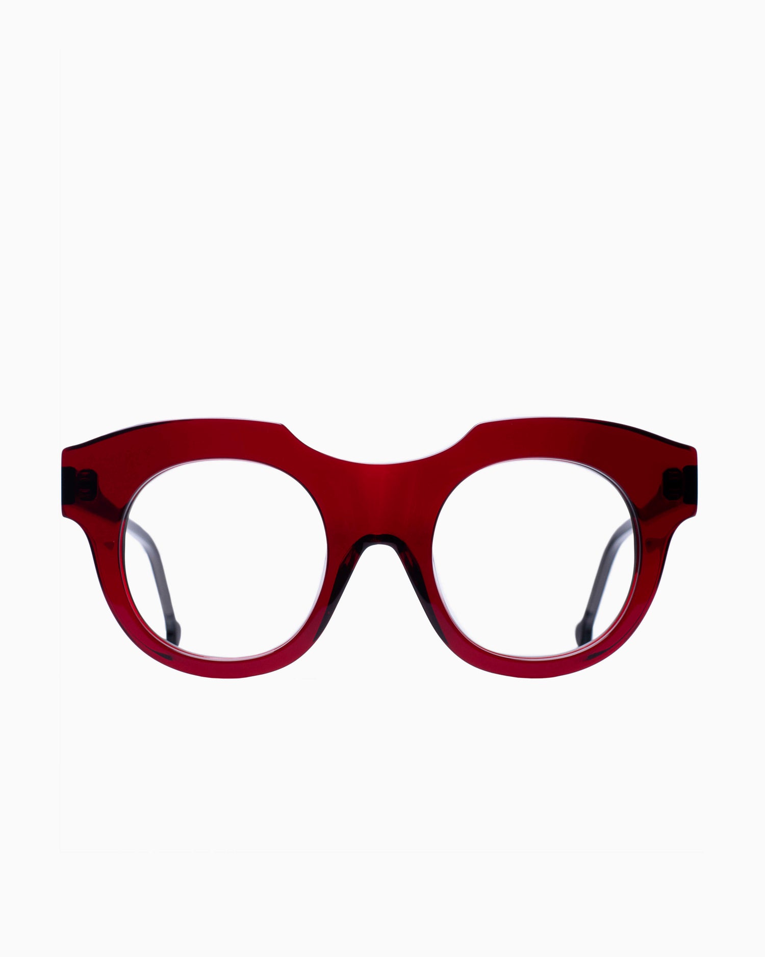 burgundy plastic round eyeglasses by Marie-Sophie Dion model Genest, front view, lunettes de vue rond couleur bourgogne