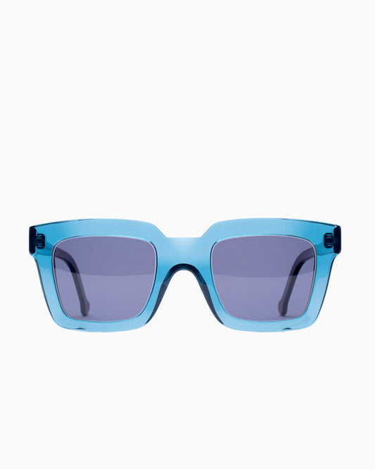 blue plastic rectangle  sunglassesby Marie-Sophie Dion model WilkySUN, front view, lunettes de vue rectangle couleur Bleu