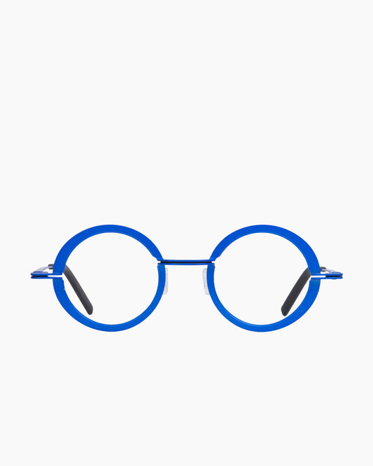 blue metal round eyeglasses by Theo model crunchy, front view, lunettes de vue rond couleur bleu