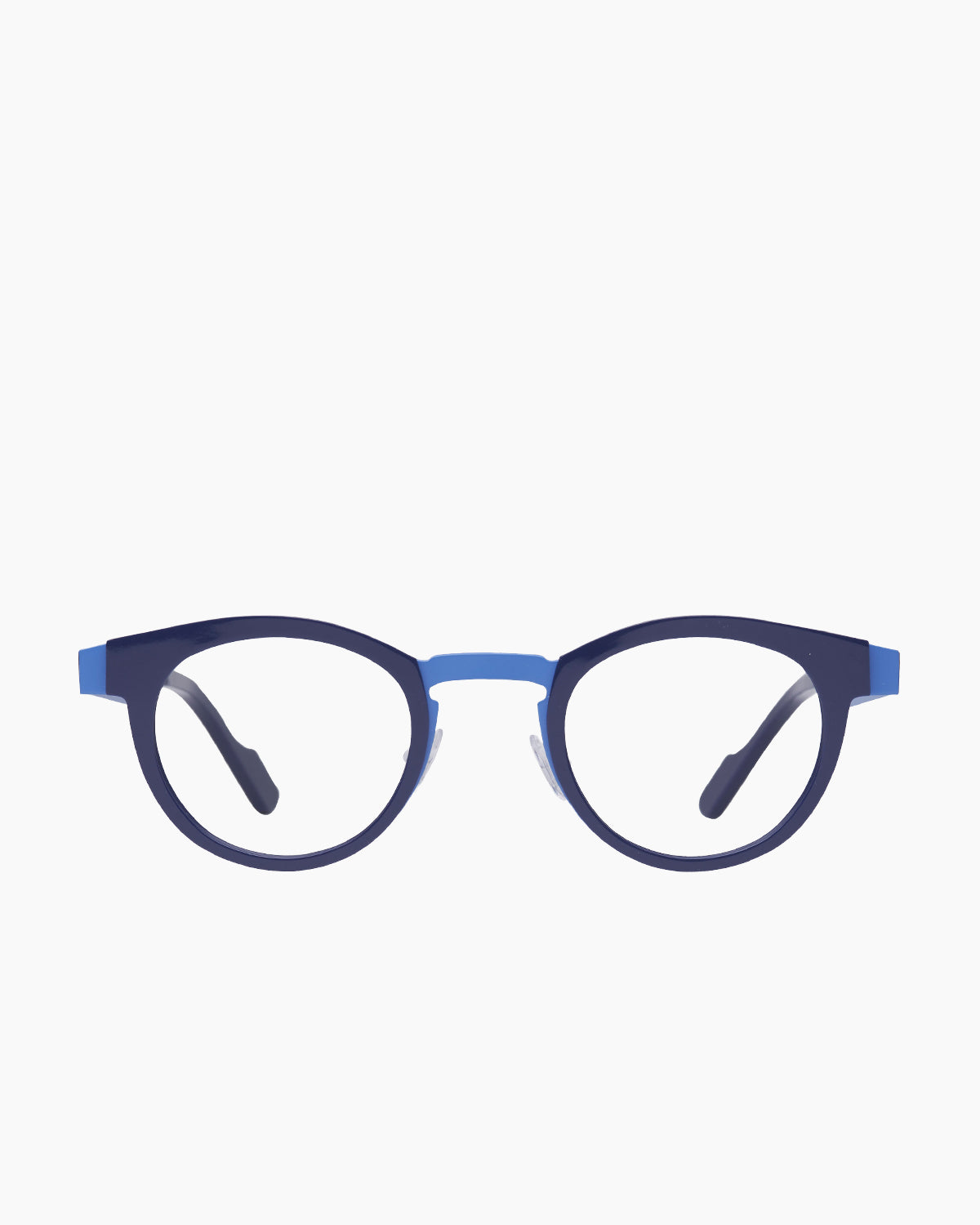 blue metal round eyeglasses by Anne et Valentin model floyd, front view, lunettes de vue rond couleur Bleu