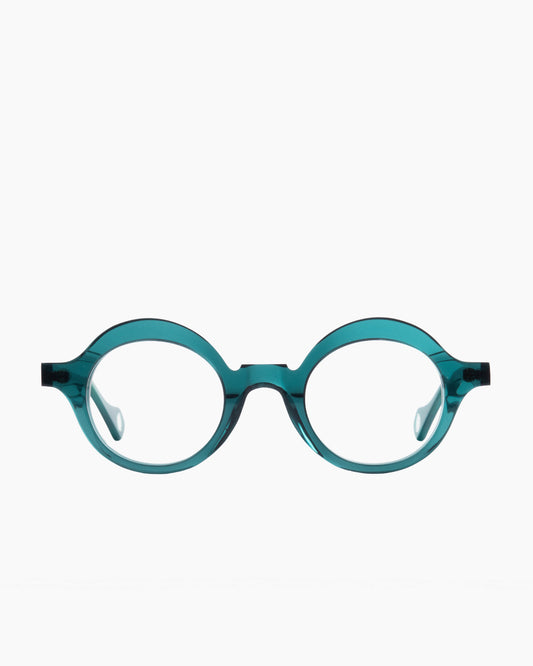 green plastic round eyeglasses by Anne et Valentin model BILBAO, front view, lunettes de vue rond couleur vert