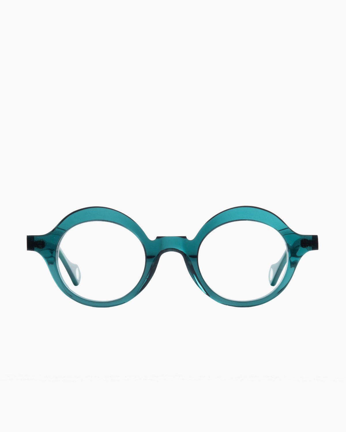 green plastic round eyeglasses by Anne et Valentin model BILBAO, front view, lunettes de vue rond couleur vert
