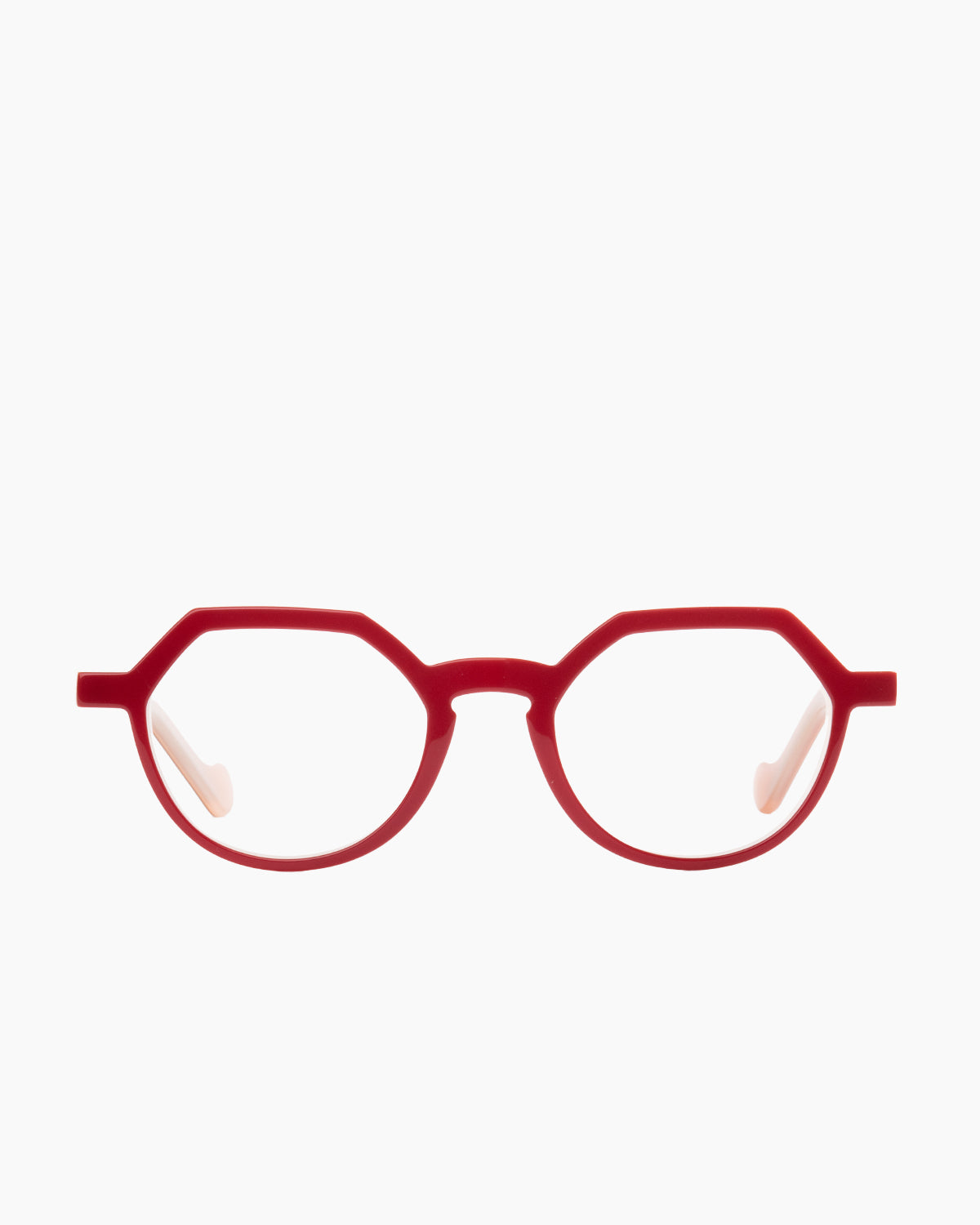 red plastic round eyeglasses by Anne et Valentin model ayo, front view, lunettes de vue rond couleur rouge