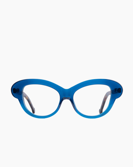 blue plastic butterfly eyeglasses by Marie-Sophie Dion model Perrier, front view, lunettes de vue papillon couleur Bleu