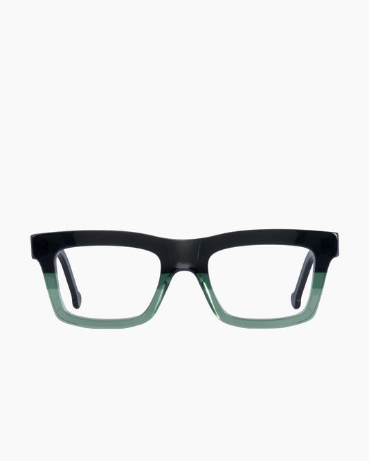 green plastic rectangle eyeglasses by Marie-Sophie Dion model Laflamme, front view, lunettes de vue rectangle couleur Vert