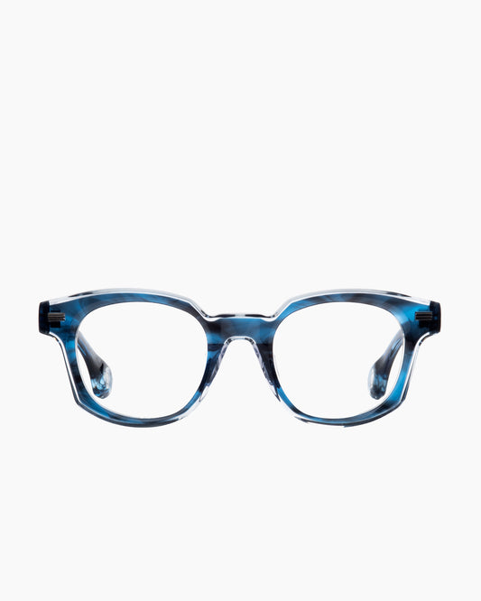 blue plastic oval eyeglasses by Blake Kuwahara model Haycock, front view, lunettes de vue ovale couleur bleu