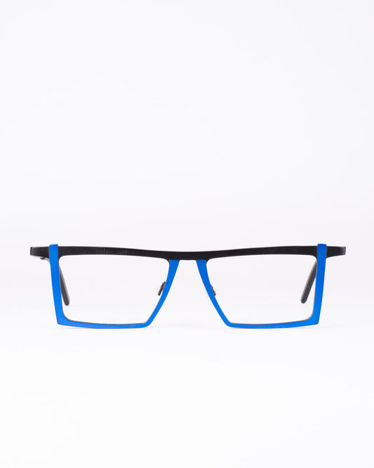 blue metal rectangle eyeglasses by Theo model Antwerpcentral, front view, lunettes de vue rectangle couleur Bleu