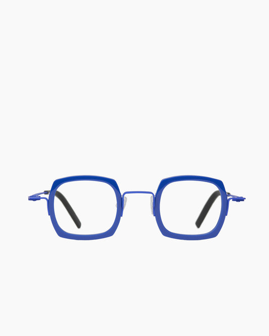 blue metal rectangle eyeglasses by Theo model Broccoli, front view, lunettes de vue rectangle couleur Bleu