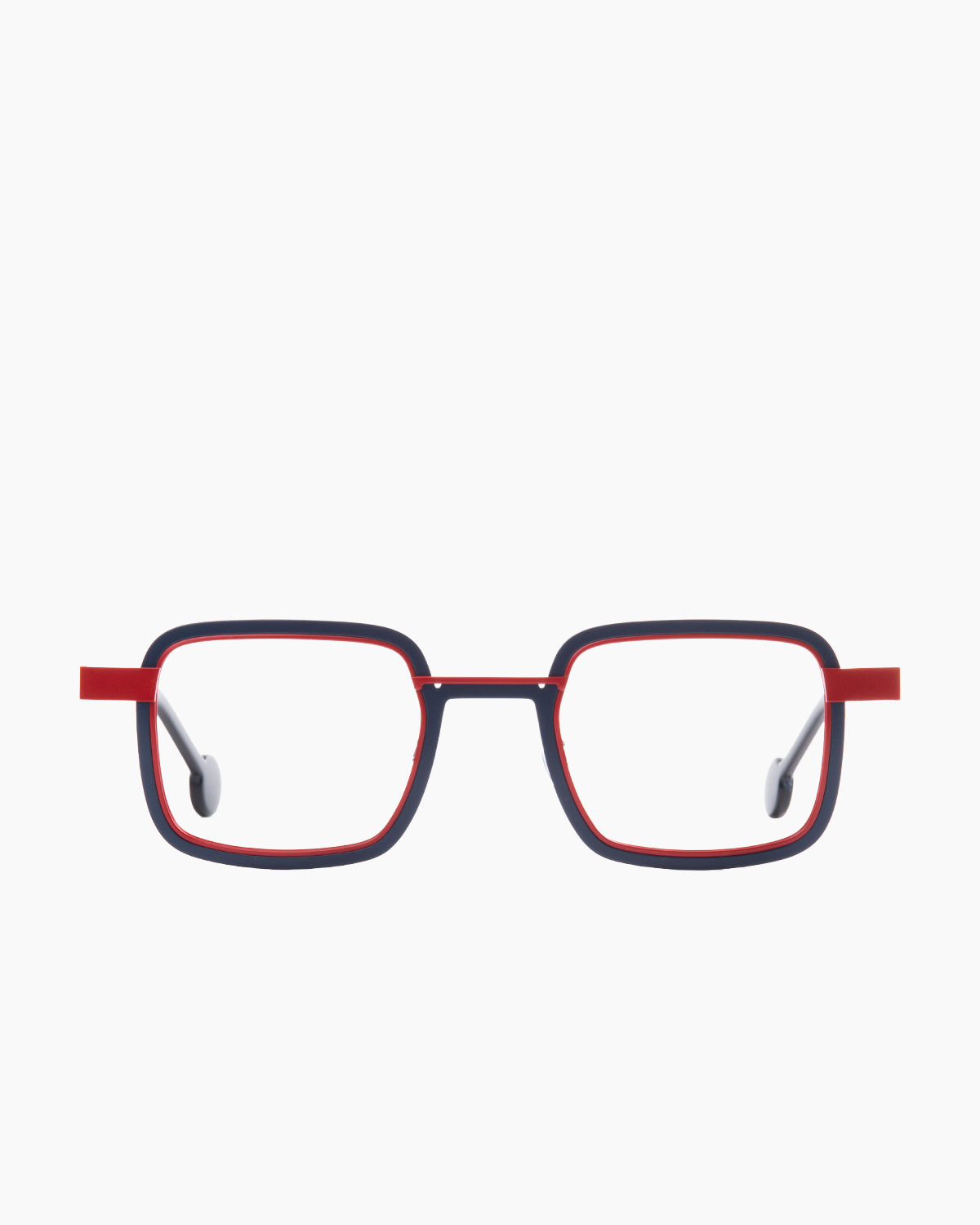 red metal rectangle eyeglasses by Anne et Valentin model welldone, front view, lunettes de vue rectangle couleur rouge
