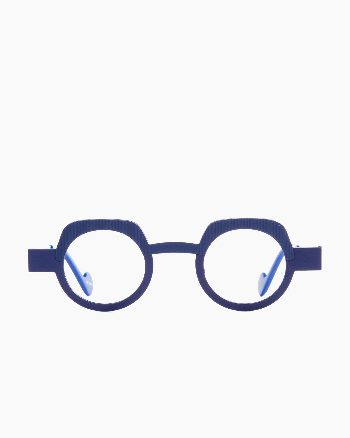 blue metal round eyeglasses by Anne et Valentin model Vibrato, front view, lunettes de vue rond couleur Bleu