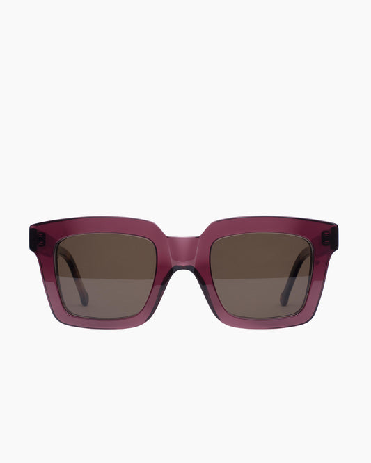 purple plastic rectangle sunglassesby Marie-Sophie Dion model WilkySUN, front view, lunettes de vue rectangle couleur violet