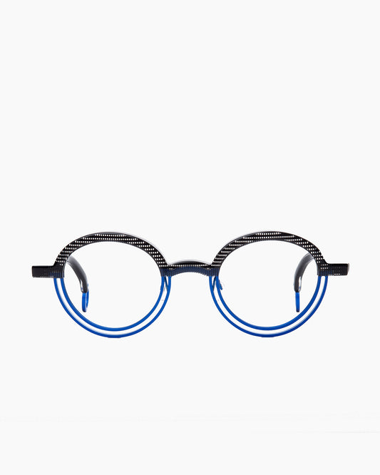 blue metal round eyeglasses by Theo model Bumper, front view, lunettes de vue rond couleur bleu
