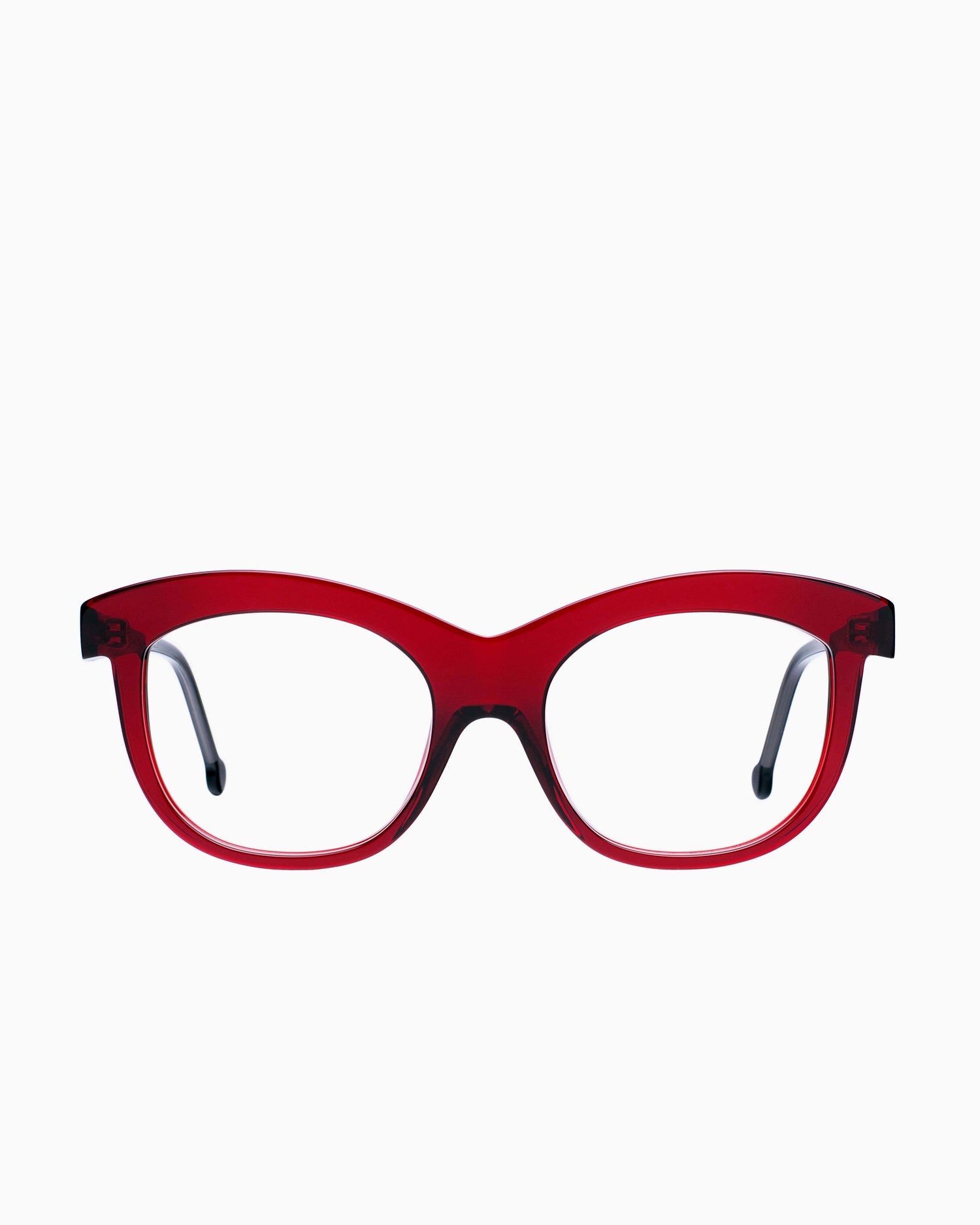 red plastic butterfly eyeglasses by Marie-Sophie Dion model Elmir, front view, lunettes de vue papillon couleur bourgogne